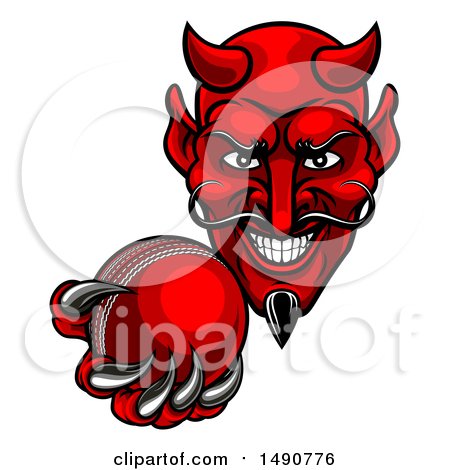 Clipart of a Grinning Evil Red Devil Holding out a Cricket Ball in a Clawed Hand - Royalty Free Vector Illustration by AtStockIllustration