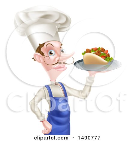 Clipart of a White Male Chef with a Curling Mustache, Holding a Souvlaki Kebab Sandwich on a Tray - Royalty Free Vector Illustration by AtStockIllustration
