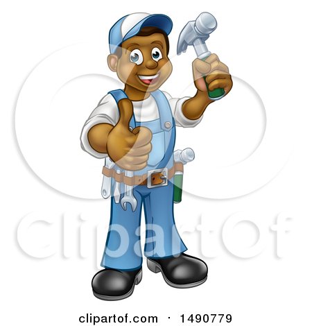 Clipart of a Full Length Happy Black Male Carpenter Holding a Hammer and Giving a Thumb up - Royalty Free Vector Illustration by AtStockIllustration