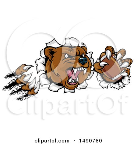 Clipart of a Vicious Aggressive Bear Mascot Slashing Through a Wall with a Football in a Paw - Royalty Free Vector Illustration by AtStockIllustration