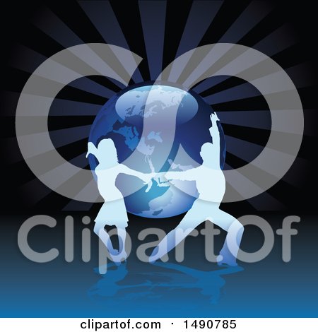 Clipart of a Silhouetted Latin Dance Couple over Rays and Planet Earth - Royalty Free Vector Illustration by dero