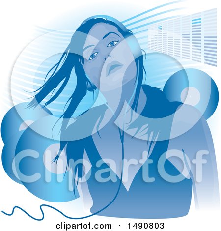 Clipart of a Woman Wearing Headphones, with an Equalizer Bar and Vinyl Records - Royalty Free Vector Illustration by dero