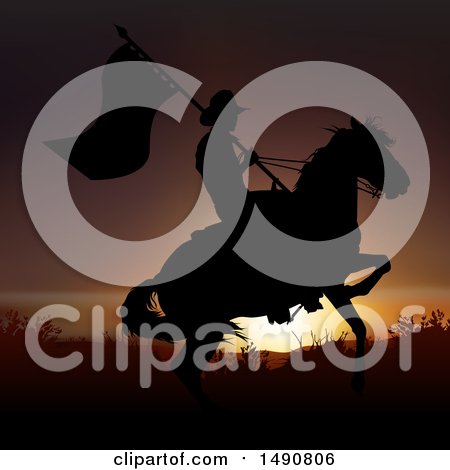 Clipart of a Silhouetted Horseback Cowboy with a Flag Against a Sunset - Royalty Free Vector Illustration by dero