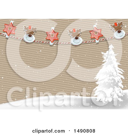 Clipart of a Striped Paper Background with a Snowy Landscape and Christmas Banner - Royalty Free Vector Illustration by dero