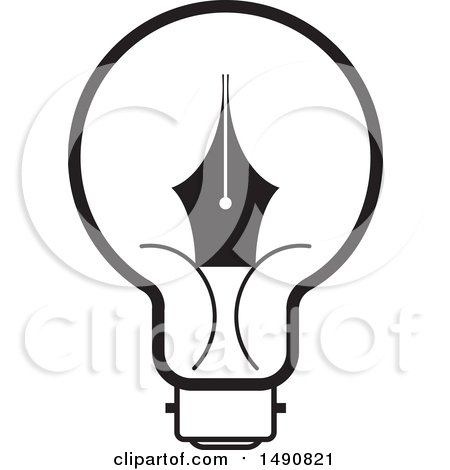 Clipart of a Black and White Light Bulb with a Pen Nib - Royalty Free Vector Illustration by Lal Perera