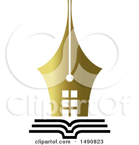 Clipart of a Gold Pen Nib Building on an Open Book - Royalty Free Vector Illustration by Lal Perera