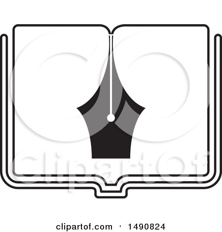 Clipart of a Black and White Open Book and Pen Nib - Royalty Free Vector Illustration by Lal Perera