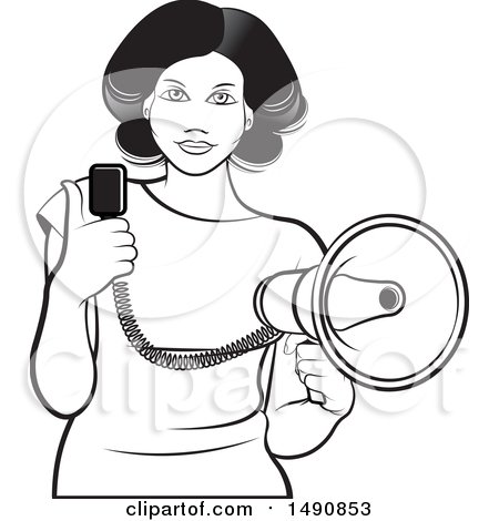 Clipart of a Black and White Woman Holding a Megaphone - Royalty Free Vector Illustration by Lal Perera