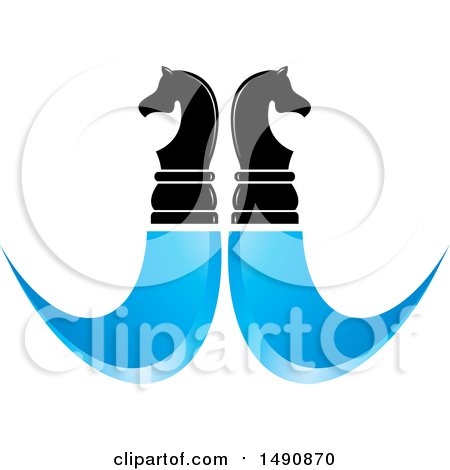 Clipart of a Mirrored Knight Chess Piece and Blue Swooshes Design - Royalty Free Vector Illustration by Lal Perera