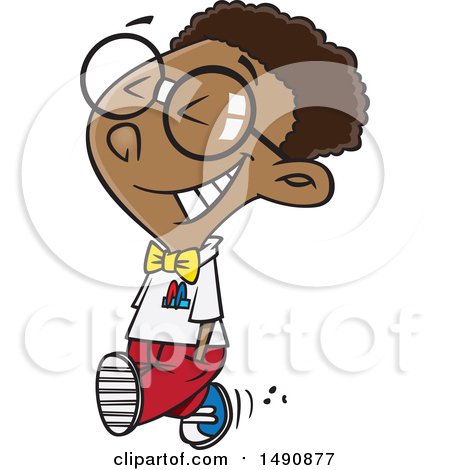 Clipart of a Cartoon Happy Young African American Nerd Boy Walking - Royalty Free Vector Illustration by toonaday