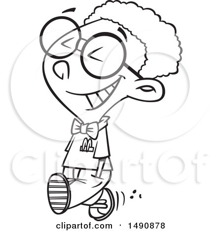 Clipart of a Cartoon Black and White Happy Young African American Nerd Boy Walking - Royalty Free Vector Illustration by toonaday