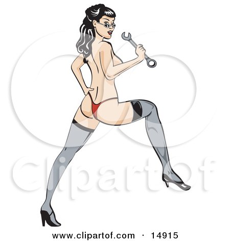 Sexy Topless Brunette Woman In A Red Thong, Stockings And Heels, Looking Back Over Her Shoulder And Holding A Wrench and Stradling Something Invisible Clipart Illustration by Andy Nortnik