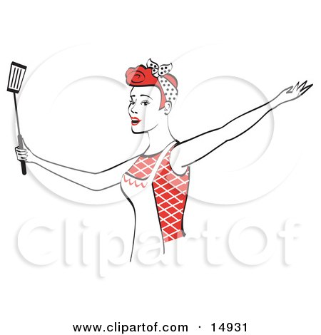 Happy Red Haired Housewife Wearing An Apron And Dancing With A Spatula While Singing  Posters, Art Prints