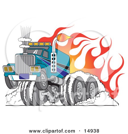 Tough Big Rig Hot Rod Truck Flaming And Smoking Its Rear Tires Doing a Burnout in Flames and a Wheelie Clipart Illustration by Andy Nortnik