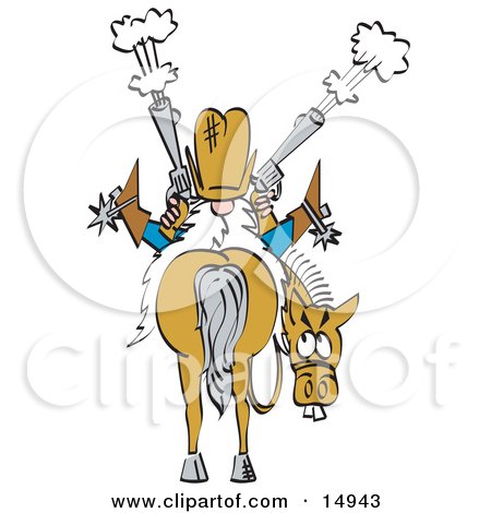 Nervous Buck Toothed Horse Looking Back At A Crazy Cowboy That Is Sitting On His Back And Shooting Two Pistils Clipart Illustration by Andy Nortnik