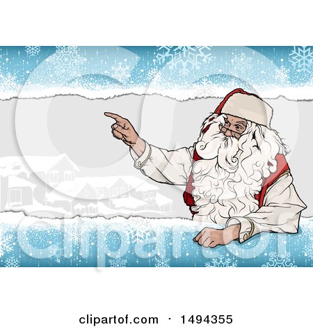 Clipart of Santa Claus Pointing over a Village Scene with Snowflakes - Royalty Free Vector Illustration by dero