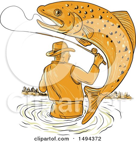 Clipart of a Sketched Fly Fisherman Reeling in a Trout Fish - Royalty Free Vector Illustration by patrimonio