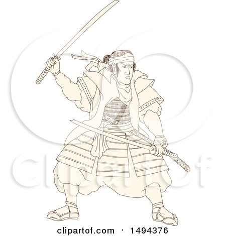 Clipart of a Sketched Samurai Warrior Fighting with a Katana Sword - Royalty Free Vector Illustration by patrimonio