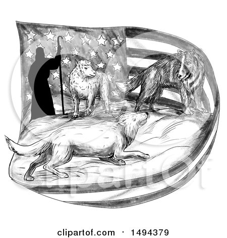 Clipart of a Sheepdog Protecting a Lamb and Shepherd from a Wolf over an American Flag, in Tattoo Sketched Style, on a White Background - Royalty Free Illustration by patrimonio