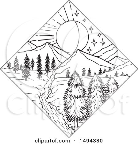 Clipart of a Split Night and Day Landscape in a Diamond - Royalty Free Vector Illustration by patrimonio