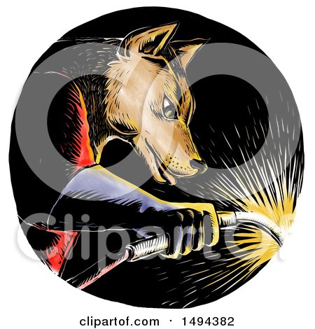 Clipart of a Welding Wolf in a Circle, in Woodcut Style, on a White Background - Royalty Free Illustration by patrimonio