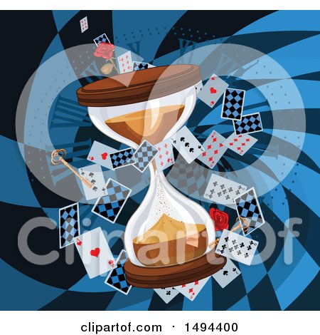 Clipart of a Rose, Keys and Hourglass with Playing Cards in a Checkered Rabbit Hole - Royalty Free Vector Illustration by Pushkin