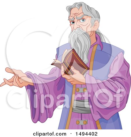 Clipart of a Gray Haired Wizard Presenting and Reading a Book - Royalty Free Vector Illustration by Pushkin