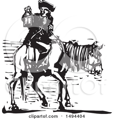 Clipart of a Colonial Man Holding a Lantern on Horseback, Black and White Woodcut - Royalty Free Vector Illustration by xunantunich