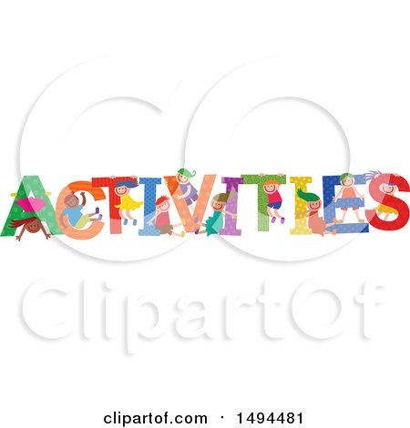 Clipart of a Group of Children Playing in the Colorful Word ACTIVITIES - Royalty Free Vector Illustration by Prawny