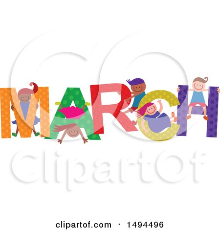 Clipart of a Group of Children Playing in the Colorful Word for the Month of March - Royalty Free Vector Illustration by Prawny