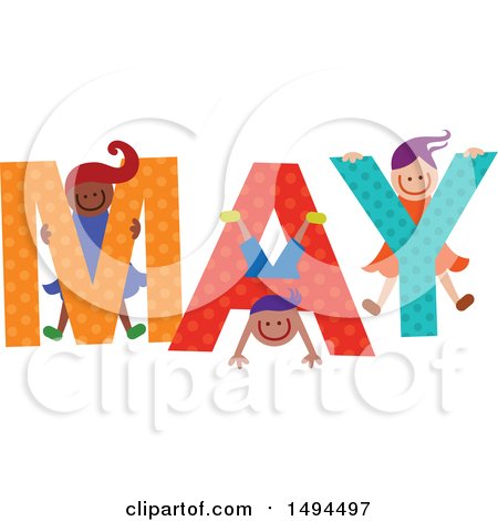Clipart of a Group of Children Playing in the Colorful Word for the Month of May - Royalty Free Vector Illustration by Prawny