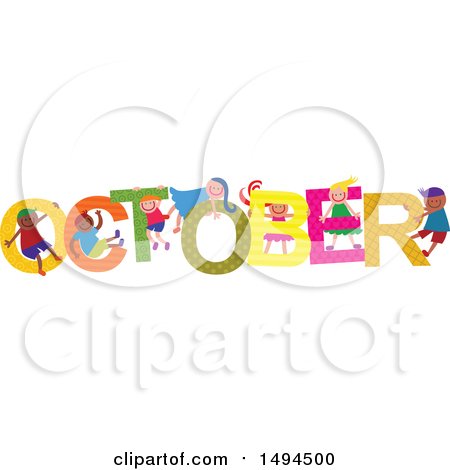 Clipart of a Group of Children Playing in the Colorful Word for the Month of October - Royalty Free Vector Illustration by Prawny