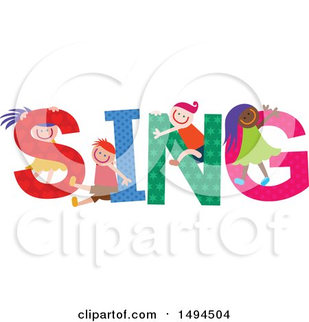 Clipart of a Group of Children Playing in the Colorful Word Sing - Royalty Free Vector Illustration by Prawny