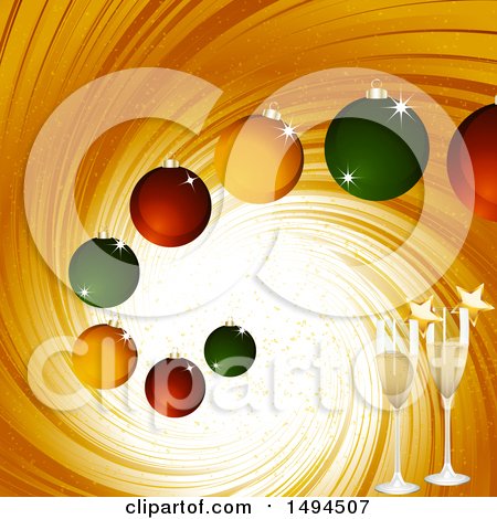 Clipart of a Golden Tunnel with Christmas Baubles and Champagne Glasses - Royalty Free Vector Illustration by elaineitalia