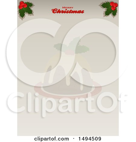 Clipart of a Merry Christmas Greeting and Holly over Plum Pudding - Royalty Free Vector Illustration by elaineitalia