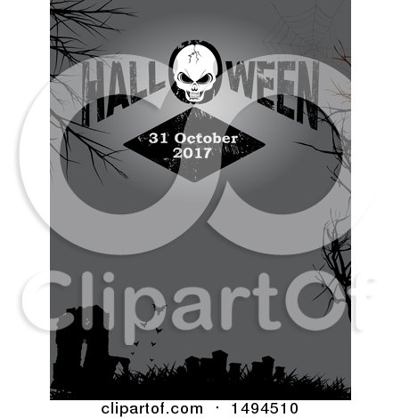 Clipart of a Cracked Skull and Halloween Text over a Silhouetted Cemetery with Bats - Royalty Free Vector Illustration by elaineitalia