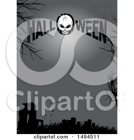 Clipart of a Cracked Skull in Halloween Text over a Silhouetted Cemetery with Bats - Royalty Free Vector Illustration by elaineitalia