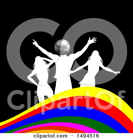 Clipart of a Silver Disco Ball Silhouetted Man and Women Dancing over a Colorful Wave on Black - Royalty Free Vector Illustration by elaineitalia