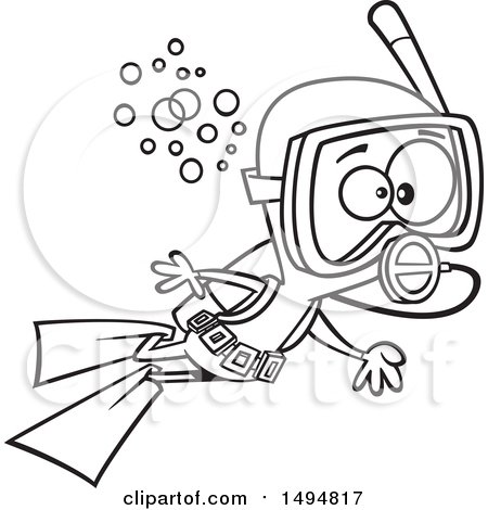 Clipart of a Cartoon Black and White Boy Scuba Diving - Royalty Free Vector Illustration by toonaday