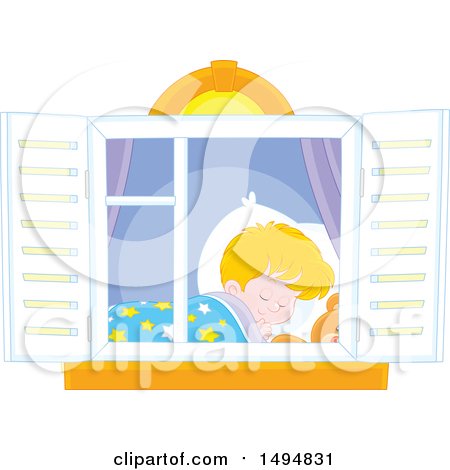 Clipart of a Window Framing a Boy Sleeping - Royalty Free Vector Illustration by Alex Bannykh
