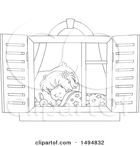 Clipart of a Black and White Window Framing a Girl Sleeping - Royalty Free Vector Illustration by Alex Bannykh