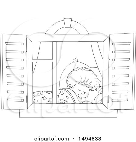 Clipart of a Black and White Window Framing a Boy Sleeping - Royalty Free Vector Illustration by Alex Bannykh