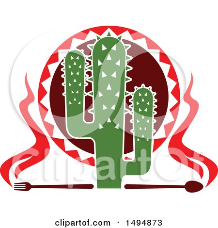 Clipart of a Mexican Themed Cactus with Flames, a Fork and Spoon - Royalty Free Vector Illustration by Vector Tradition SM