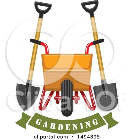 Clipart of a Gardening Banner with a Spade Shovel and Wheelbarrow - Royalty Free Vector Illustration by Vector Tradition SM