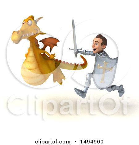 Clipart of a 3d Knight Chasing a Yellow Dragon, on a White Background - Royalty Free Illustration by Julos