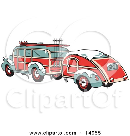 Green And Red Woody Car Hauling A Trailer And Carrying Skis And Poles On The Roof Retro Clipart Illustration by Andy Nortnik