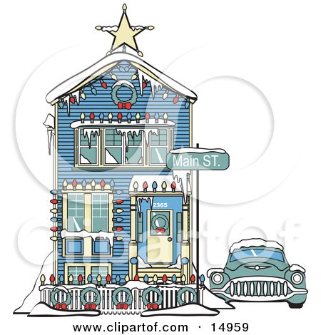 Car Covered In Snow Outside A Victorian House Decorated In Christmas Lights At 2365 Main Street Retro Clipart Illustration by Andy Nortnik