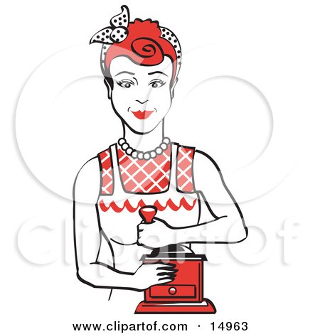 Red Haired Housewife Or Maid Woman Facing Front And Smiling While Using A Manual Coffee Grinder Clipart Illustration by Andy Nortnik