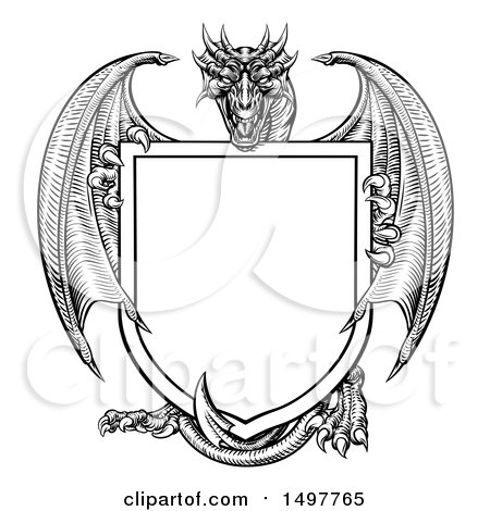 Clipart of a Black and White Dragon Behind a Shield - Royalty Free Vector Illustration by AtStockIllustration