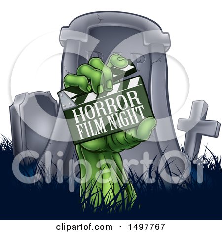 Clipart of a Green Zombie Hand Holding a Horror Film Night Clapperboard in Front of a Tombstone - Royalty Free Vector Illustration by AtStockIllustration